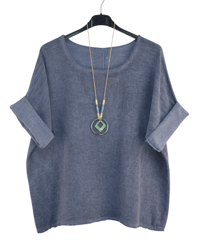 Italian Lagenlook Cotton Linen Summer Top with Pendant