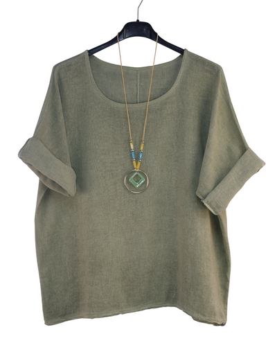 Italian Lagenlook Cotton Linen Summer Top with Pendant
