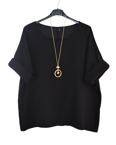 Italian Lagenlook Cotton Linen Summer Top with Pendant