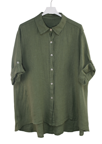 Italian Lagenlook Linen Oversized Button Through Collared Shirt Blouse