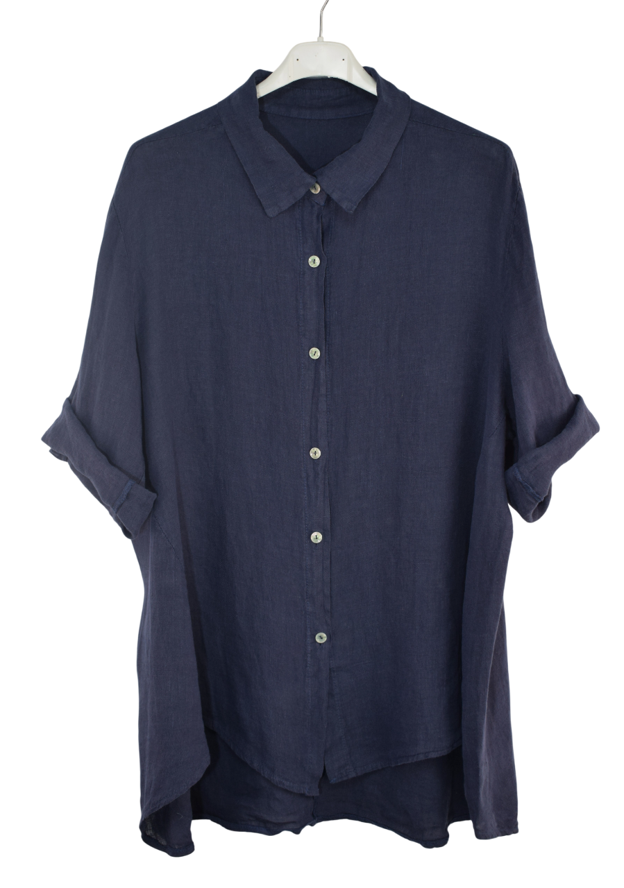 Italian Lagenlook Linen Oversized Button Through Collared Shirt Blouse