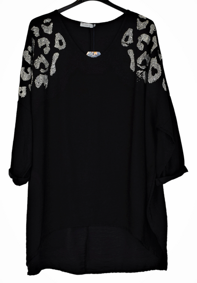 Ladies Italian Lagenlook Diamante Leopard Design Tunic Top