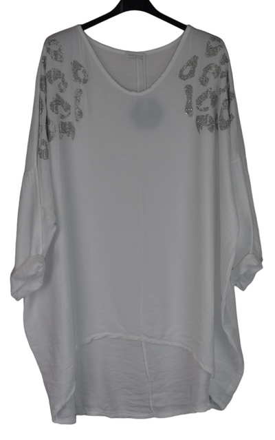 Ladies Italian Lagenlook Diamante Leopard Design Tunic Top