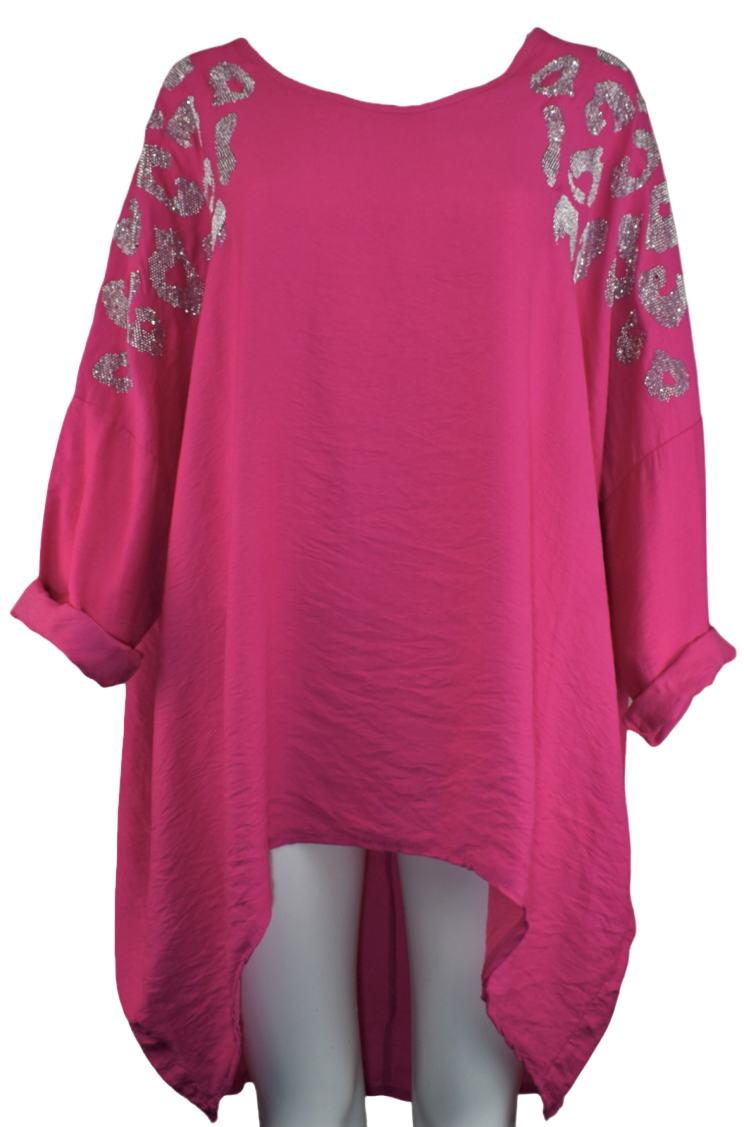 Ladies Italian Lagenlook Diamante Leopard Design Tunic Top