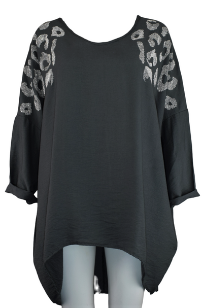 Ladies Italian Lagenlook Diamante Leopard Design Tunic Top