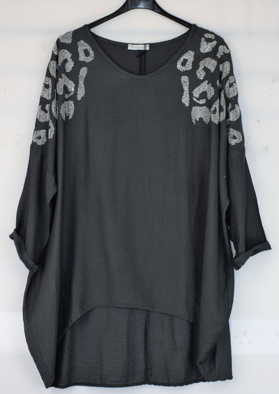 Ladies Italian Lagenlook Diamante Leopard Design Tunic Top