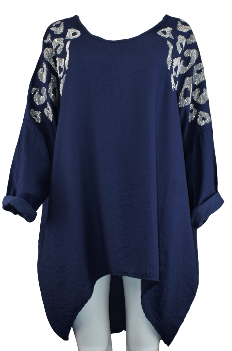 Ladies Italian Lagenlook Diamante Leopard Design Tunic Top