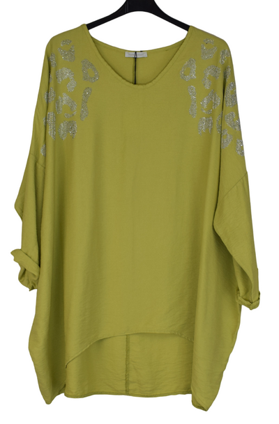 Ladies Italian Lagenlook Diamante Leopard Design Tunic Top