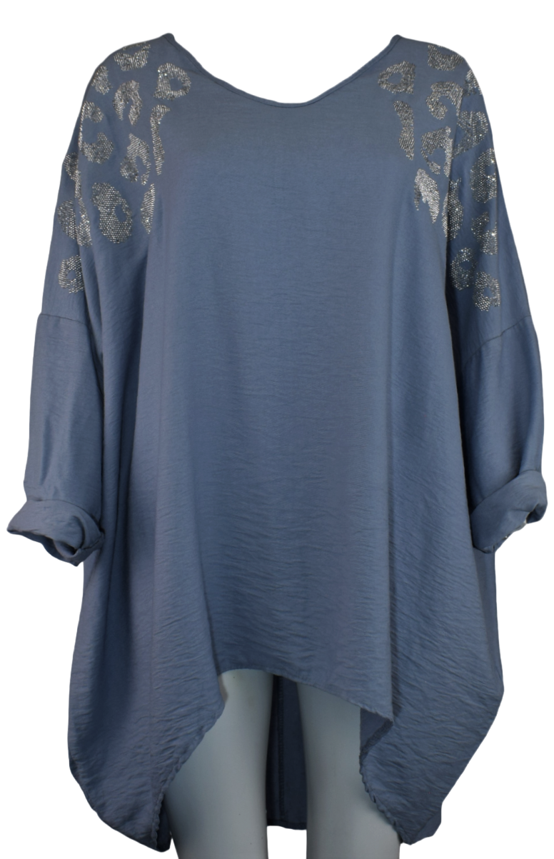 Ladies Italian Lagenlook Diamante Leopard Design Tunic Top