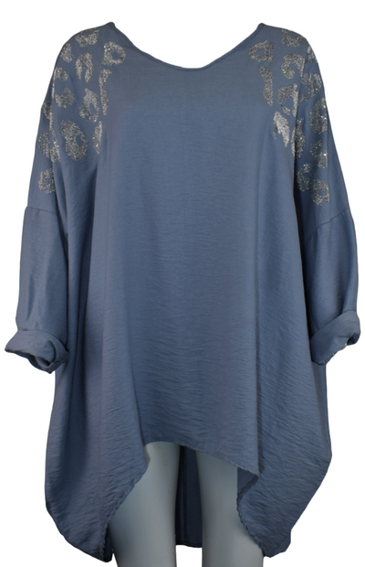 Ladies Italian Lagenlook Diamante Leopard Design Tunic Top