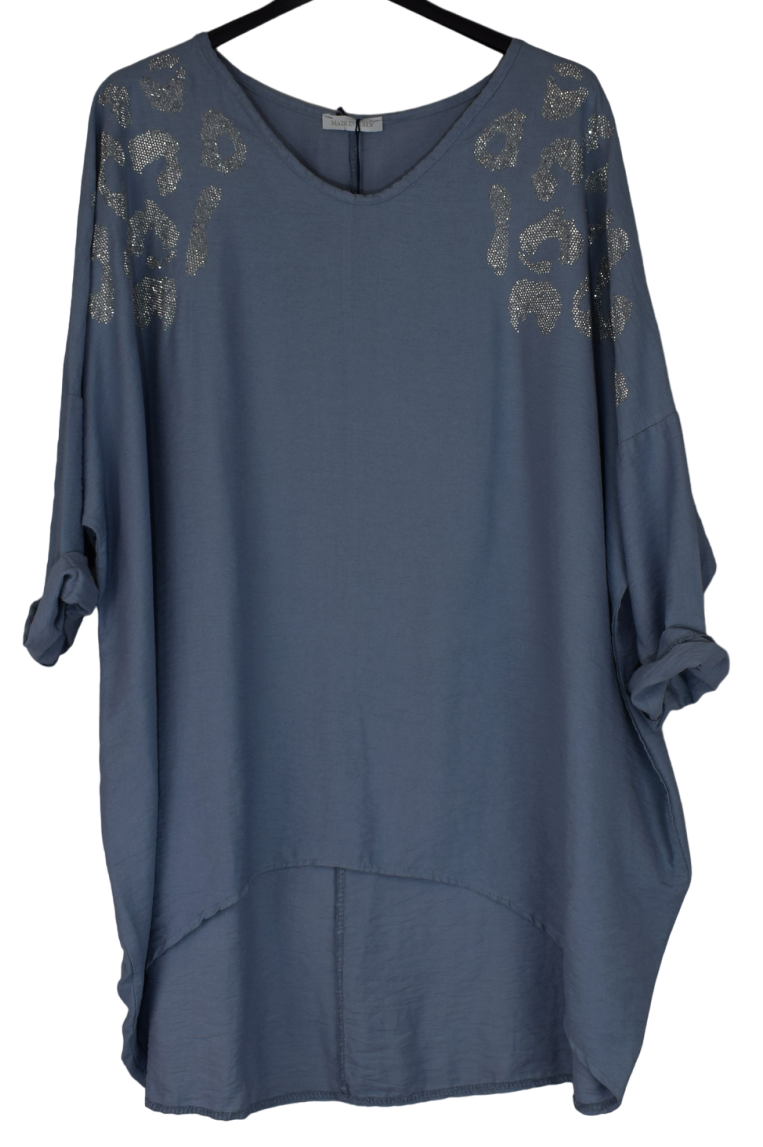 Ladies Italian Lagenlook Diamante Leopard Design Tunic Top