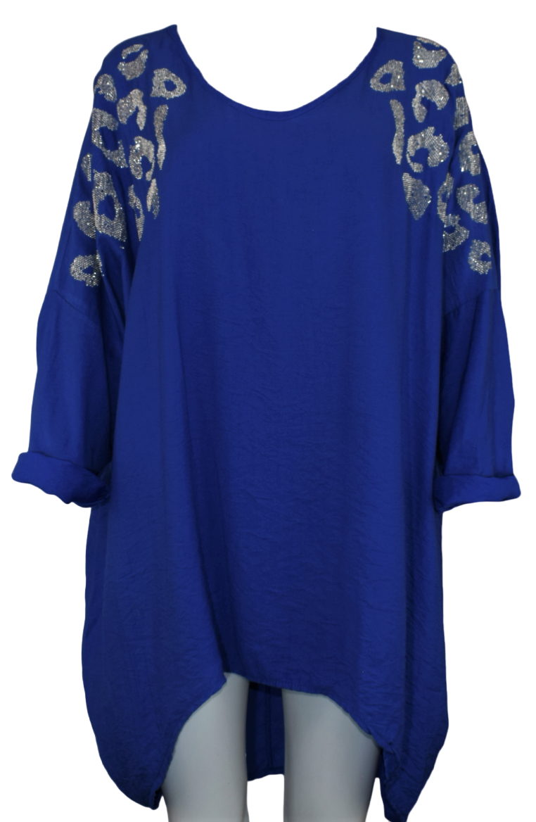 Ladies Italian Lagenlook Diamante Leopard Design Tunic Top