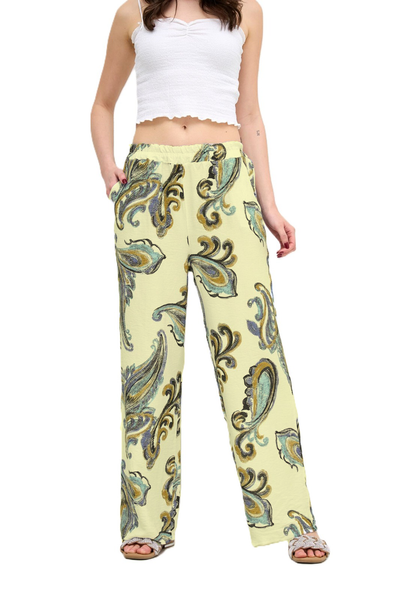 Italian Lagenlook Paisley Print Wide Leg Casual Summer Trousers Elasticated Waist