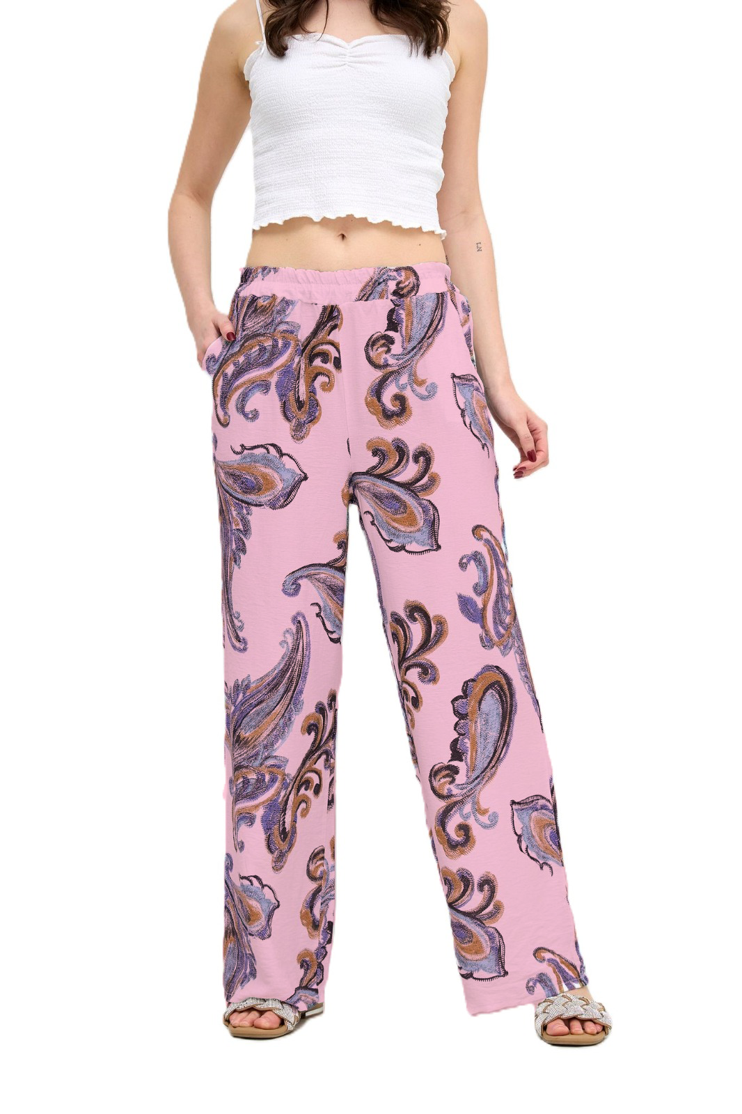 Italian Lagenlook Paisley Print Wide Leg Casual Summer Trousers Elasticated Waist