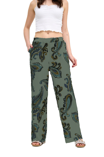 Italian Lagenlook Paisley Print Wide Leg Casual Summer Trousers Elasticated Waist