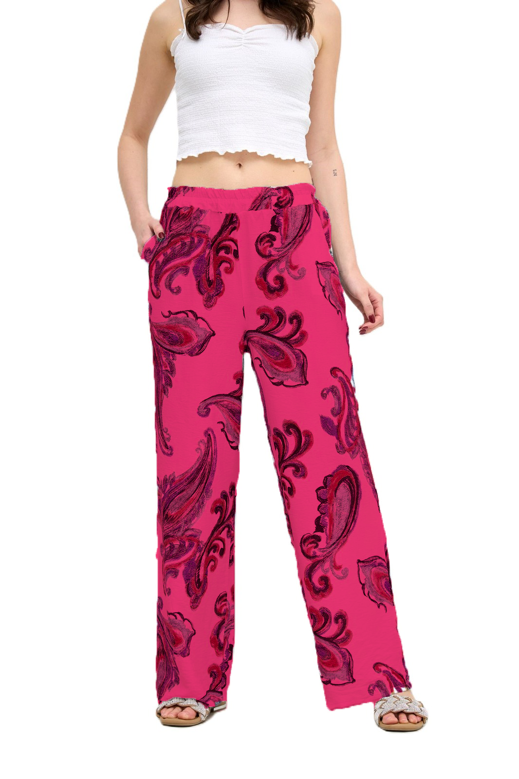 Italian Lagenlook Paisley Print Wide Leg Casual Summer Trousers Elasticated Waist