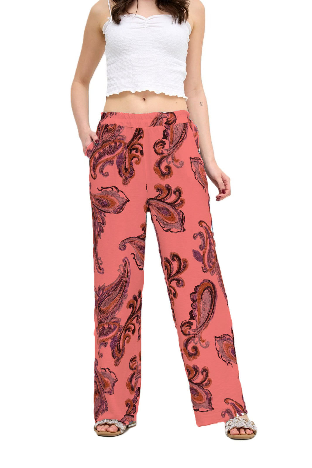 Italian Lagenlook Paisley Print Wide Leg Casual Summer Trousers Elasticated Waist