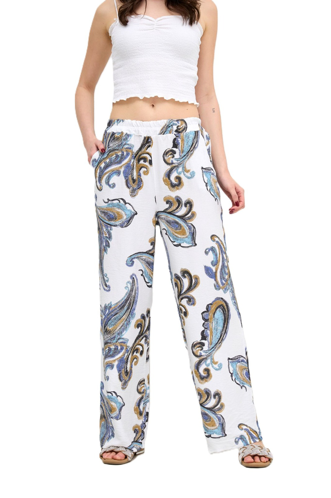 Italian Lagenlook Paisley Print Wide Leg Casual Summer Trousers Elasticated Waist