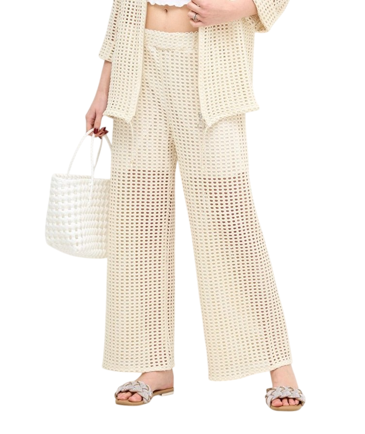 Italian Lagenlook Mesh Zip Through Fishnet Trousers Summer Wide Leg Crochet Pants