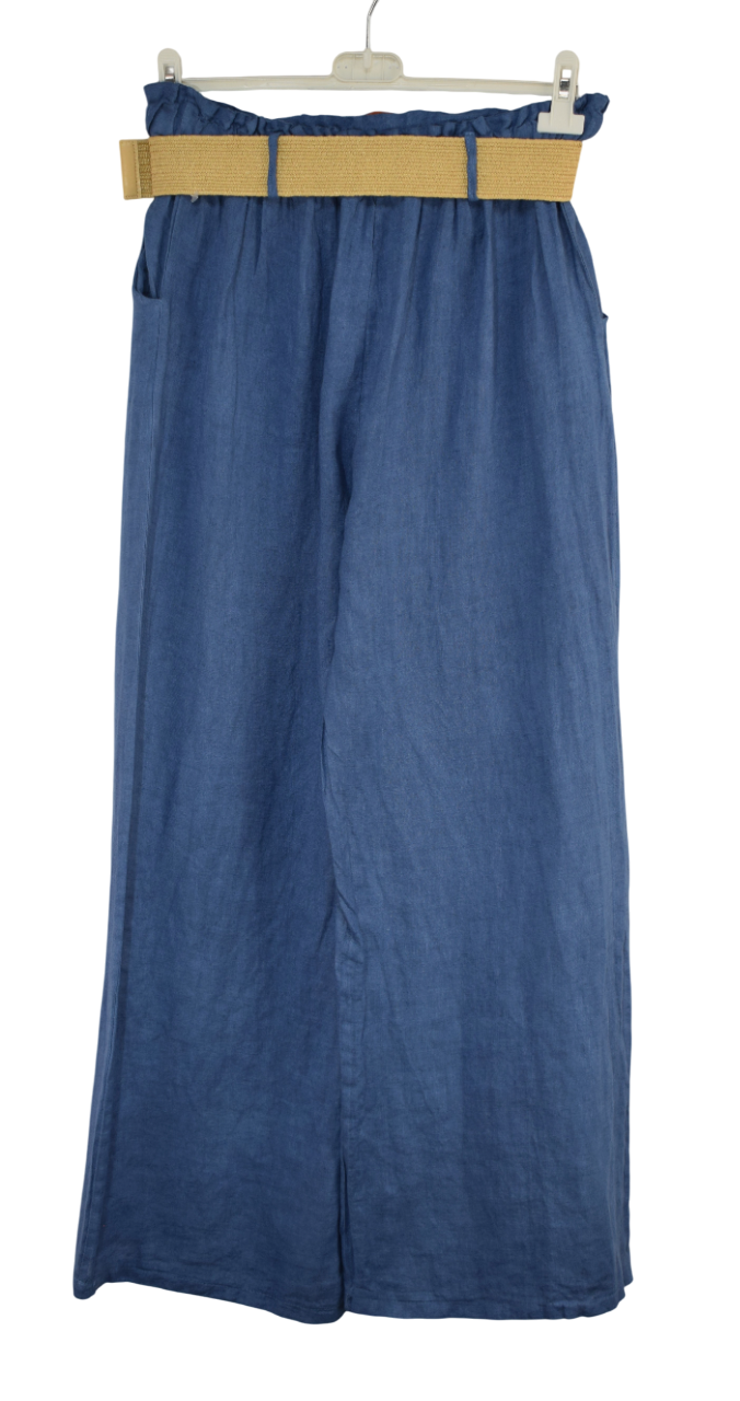 Italian Lagenlook Linen Wide Leg Trousers Lightweight with Fashion Belt Elasticated Waist