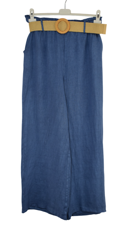 Italian Lagenlook Linen Wide Leg Trousers Lightweight with Fashion Belt Elasticated Waist