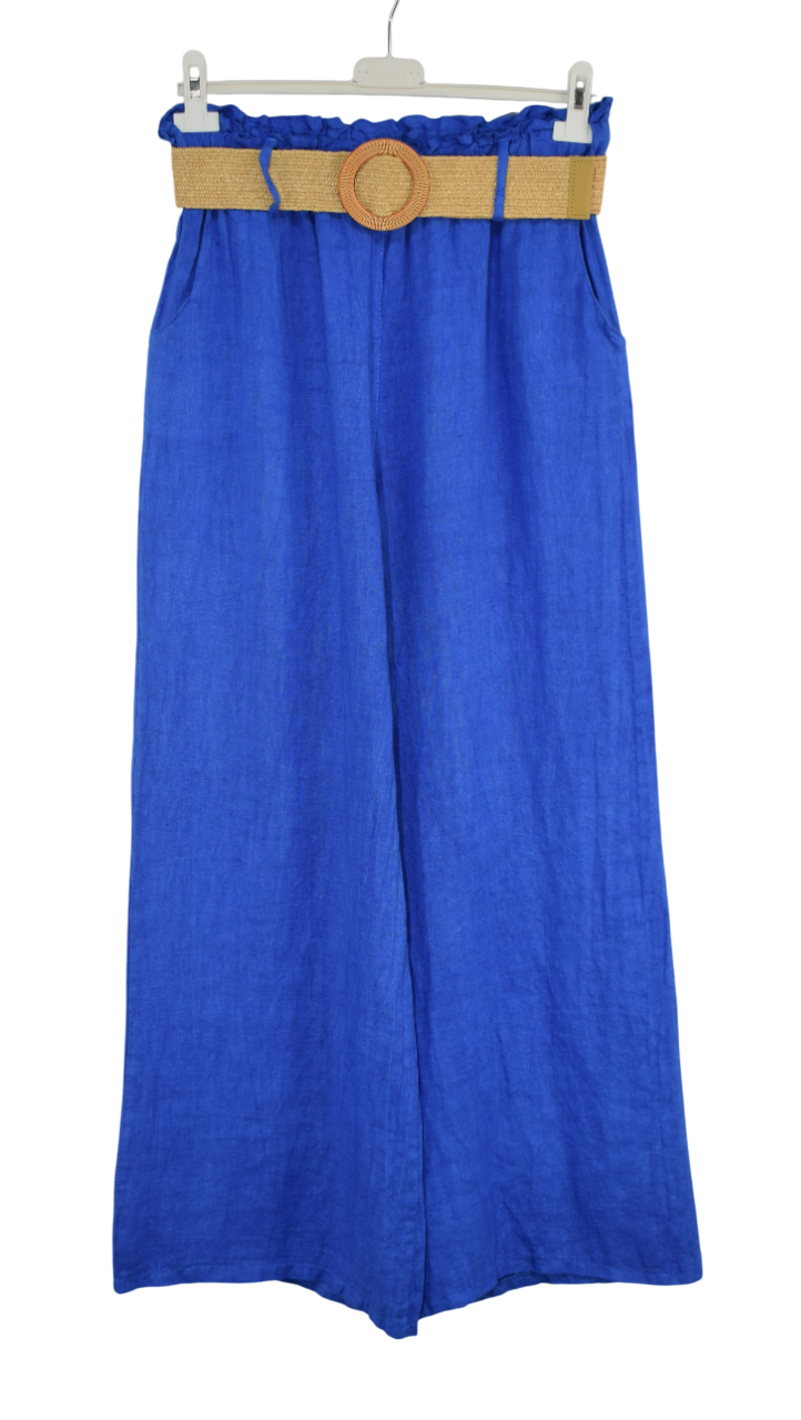 Italian Lagenlook Linen Wide Leg Trousers Lightweight with Fashion Belt Elasticated Waist