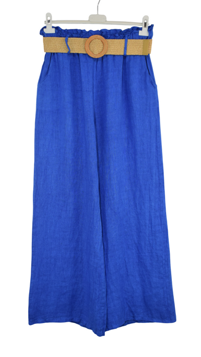 Italian Lagenlook Linen Wide Leg Trousers Lightweight with Fashion Belt Elasticated Waist
