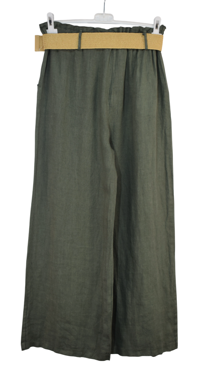 Italian Lagenlook Linen Wide Leg Trousers Lightweight with Fashion Belt Elasticated Waist
