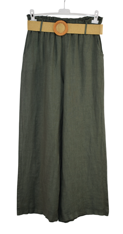 Italian Lagenlook Linen Wide Leg Trousers Lightweight with Fashion Belt Elasticated Waist