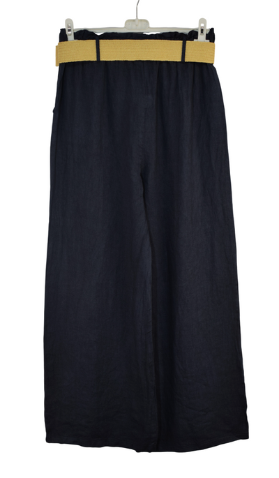 Italian Lagenlook Linen Wide Leg Trousers Lightweight with Fashion Belt Elasticated Waist