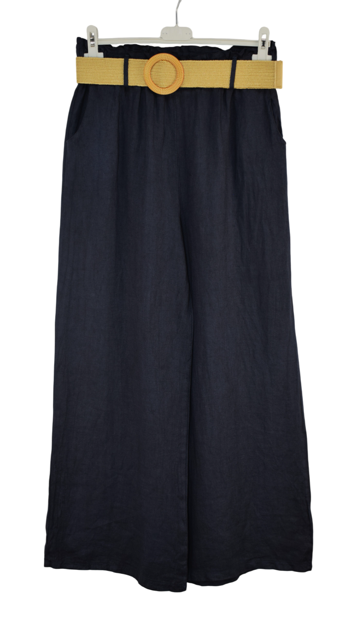 Italian Lagenlook Linen Wide Leg Trousers Lightweight with Fashion Belt Elasticated Waist