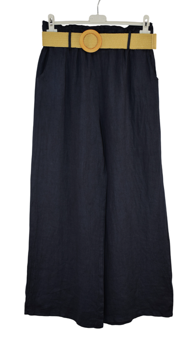 Italian Lagenlook Linen Wide Leg Trousers Lightweight with Fashion Belt Elasticated Waist