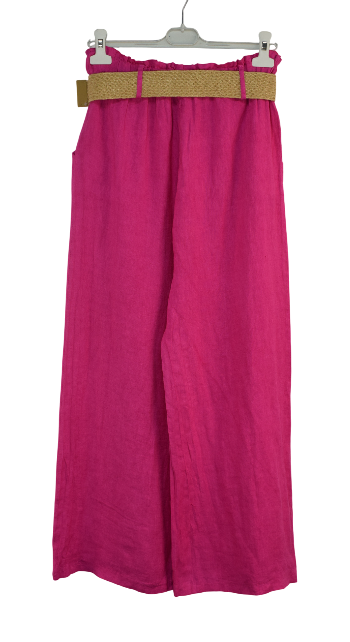 Italian Lagenlook Linen Wide Leg Trousers Lightweight with Fashion Belt Elasticated Waist