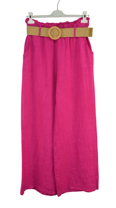 Italian Lagenlook Linen Wide Leg Trousers Lightweight with Fashion Belt Elasticated Waist