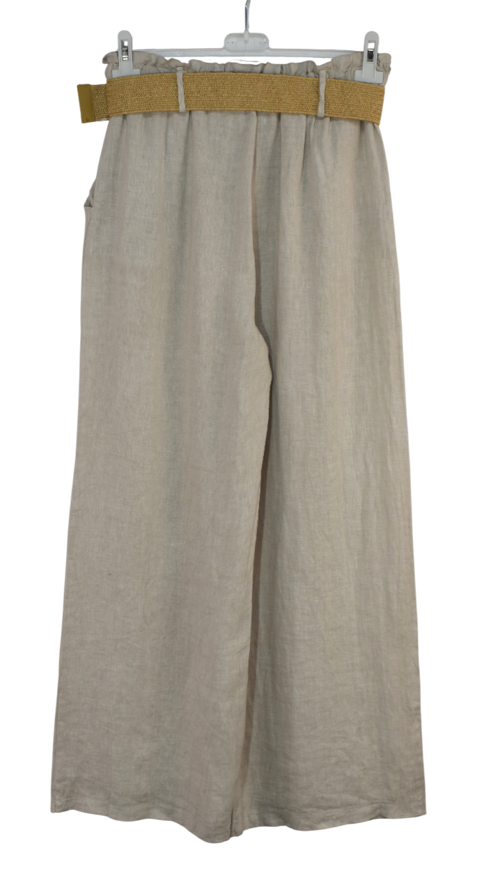 Italian Lagenlook Linen Wide Leg Trousers Lightweight with Fashion Belt Elasticated Waist
