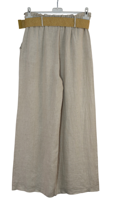 Italian Lagenlook Linen Wide Leg Trousers Lightweight with Fashion Belt Elasticated Waist