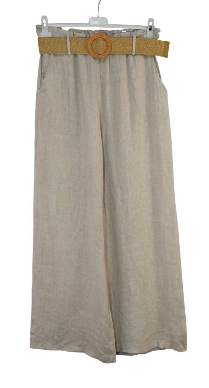 Italian Lagenlook Linen Wide Leg Trousers Lightweight with Fashion Belt Elasticated Waist