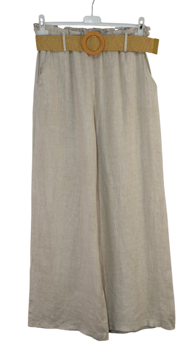 Italian Lagenlook Linen Wide Leg Trousers Lightweight with Fashion Belt Elasticated Waist