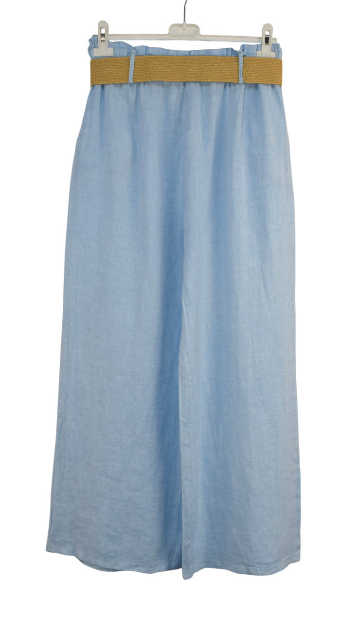 Italian Lagenlook Linen Wide Leg Trousers Lightweight with Fashion Belt Elasticated Waist