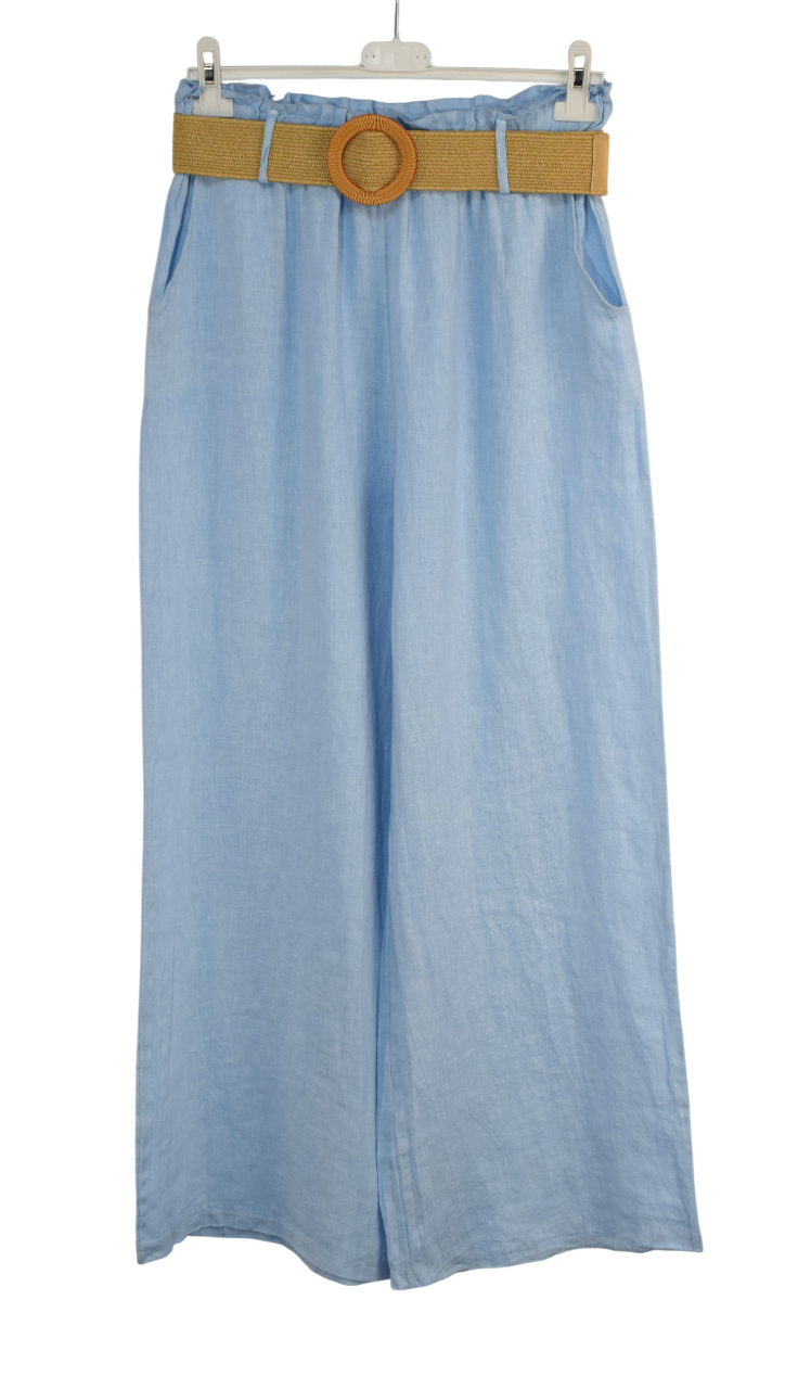Italian Lagenlook Linen Wide Leg Trousers Lightweight with Fashion Belt Elasticated Waist