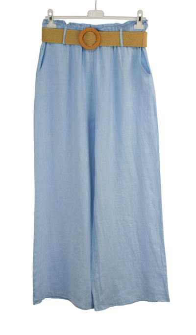 Italian Lagenlook Linen Wide Leg Trousers Lightweight with Fashion Belt Elasticated Waist
