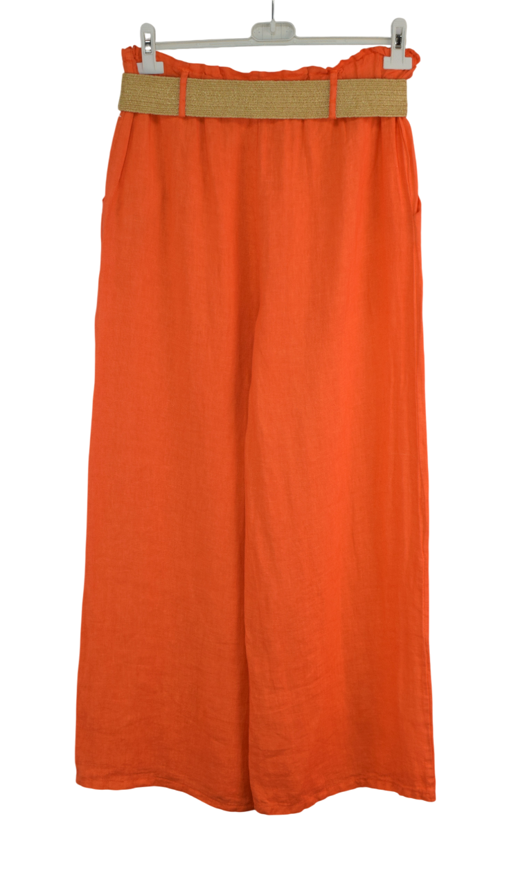 Italian Lagenlook Linen Wide Leg Trousers Lightweight with Fashion Belt Elasticated Waist