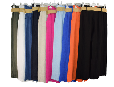 Italian Lagenlook Linen Wide Leg Trousers Lightweight with Fashion Belt Elasticated Waist