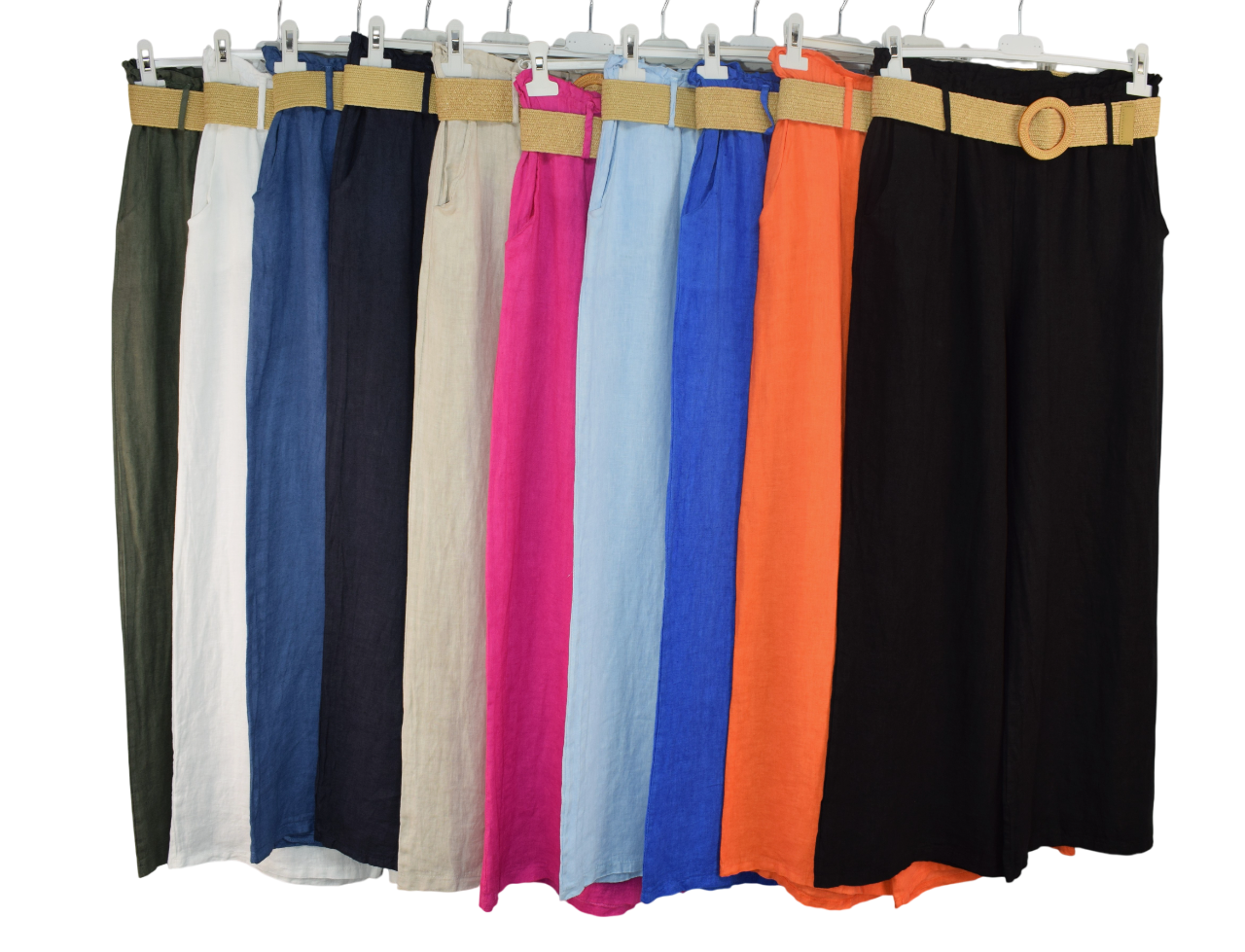 Italian Lagenlook Linen Wide Leg Trousers Lightweight with Fashion Belt Elasticated Waist