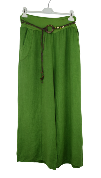 Italian Lagenlook Linen Wide Leg Trousers with Fashion Belt Elasticated Waist