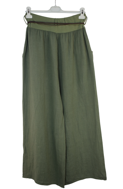 Italian Lagenlook Linen Wide Leg Trousers with Fashion Belt Elasticated Waist