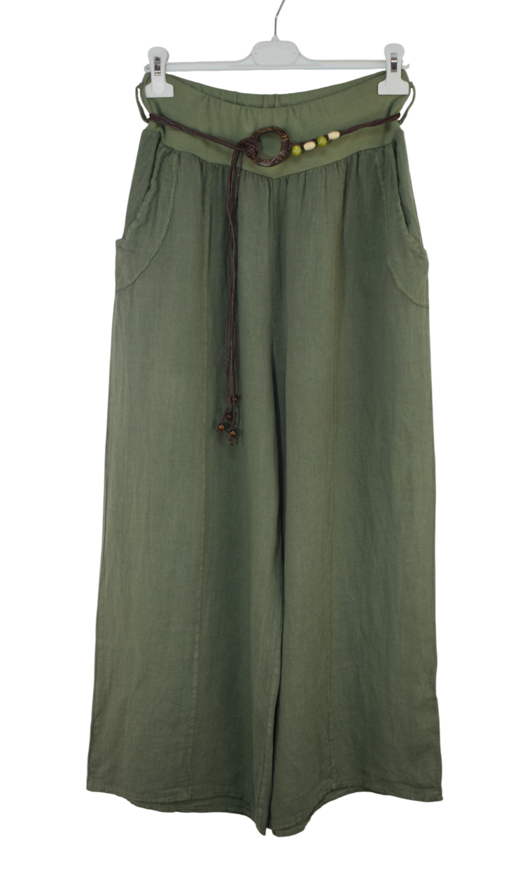 Italian Lagenlook Linen Wide Leg Trousers with Fashion Belt Elasticated Waist
