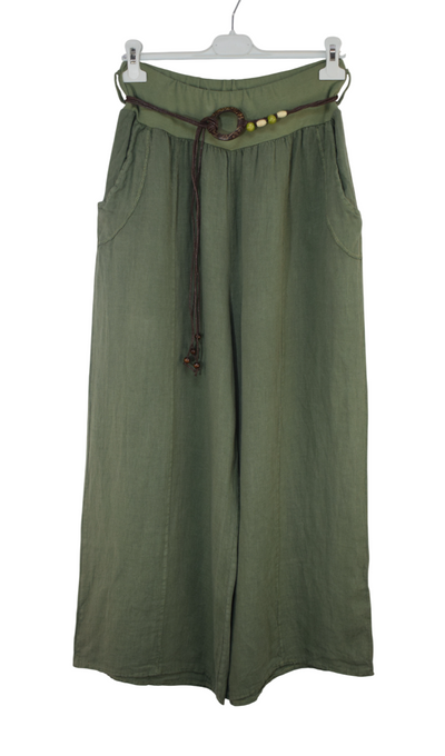 Italian Lagenlook Linen Wide Leg Trousers with Fashion Belt Elasticated Waist