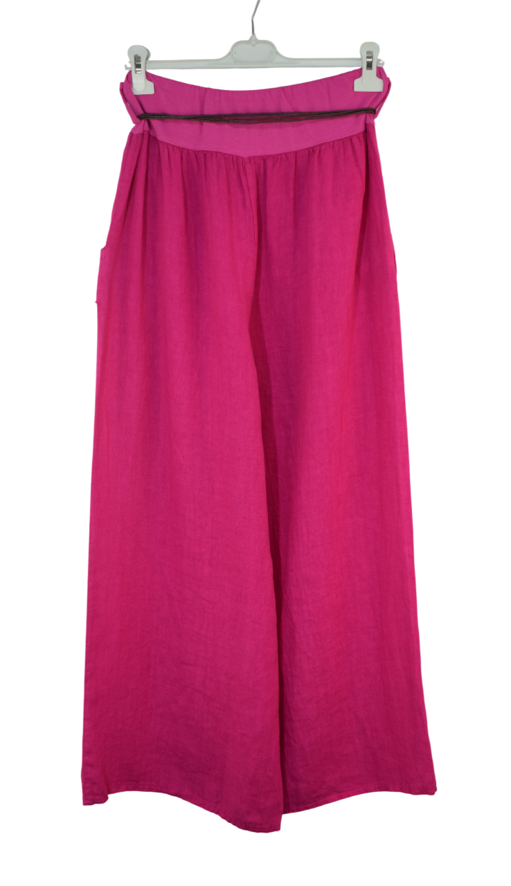 Italian Lagenlook Linen Wide Leg Trousers with Fashion Belt Elasticated Waist