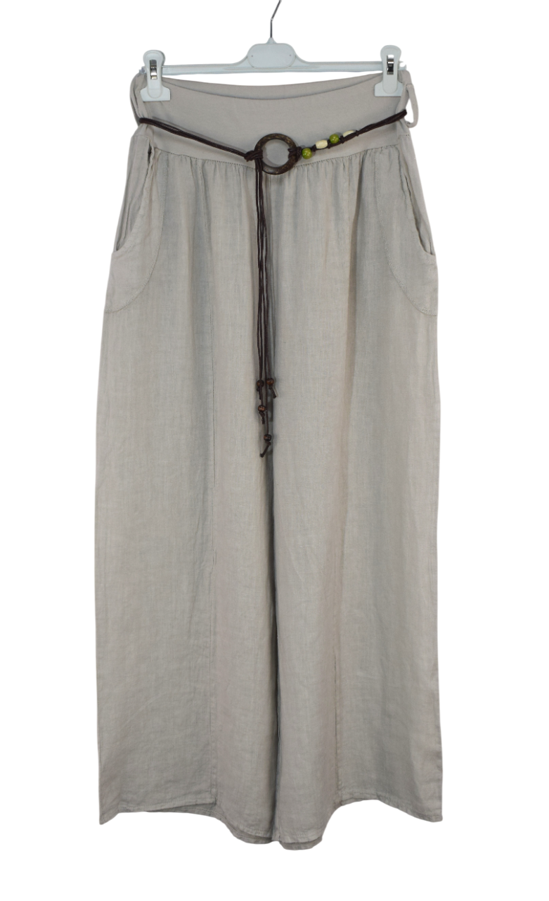 Italian Lagenlook Linen Wide Leg Trousers with Fashion Belt Elasticated Waist